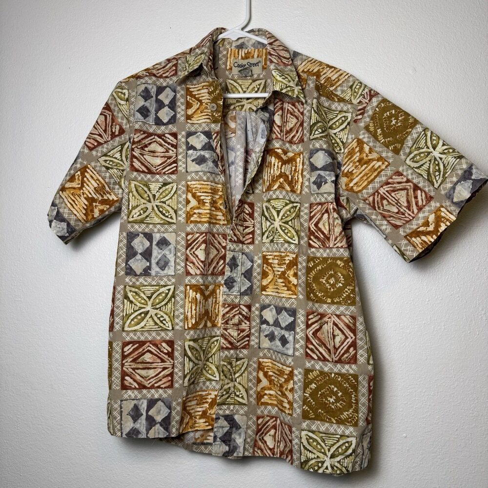 Cooke Street Hawaiian Shirt Men M Patchwork Geometric Orange Blue Green Brown
